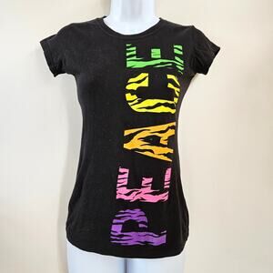 Vintage Wet Seal "Peace" Graphic T Shirt Size S Black Colorful Y2K Animal Print